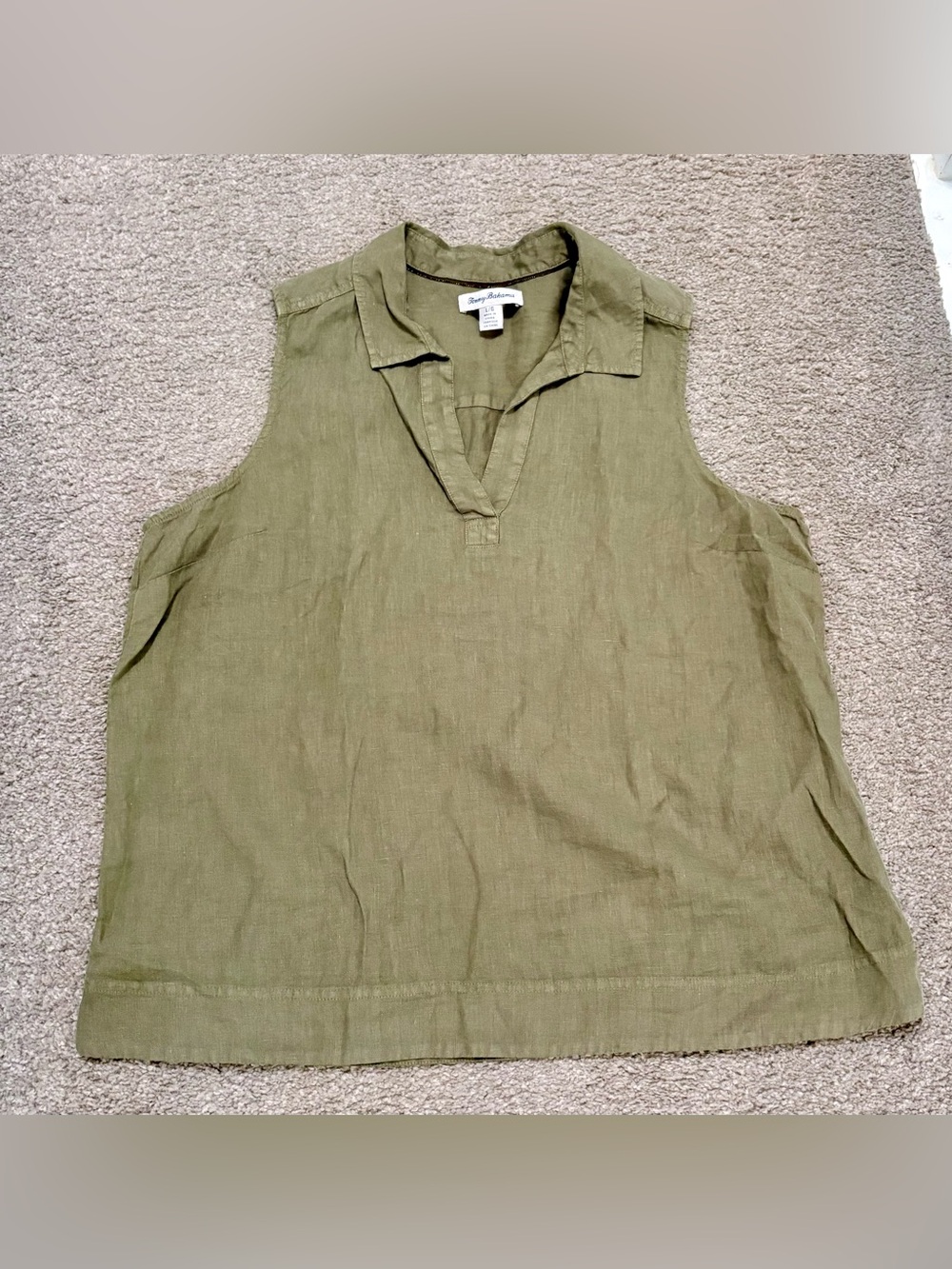 Tommy Bahama Olive Sleeveless Linen Collared V-Neck Top
